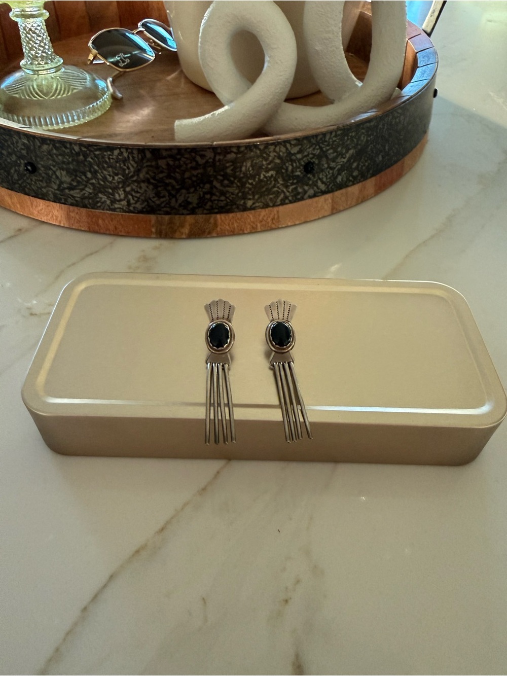 Silver Drop Fringe Earrings with Black Stone